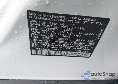 2022 Volkswagen Atlas Cross Sport 3.6L V6 Se W/Technology z USA, uszkodzony, nr VIN 1V2HE2CA3NC226624